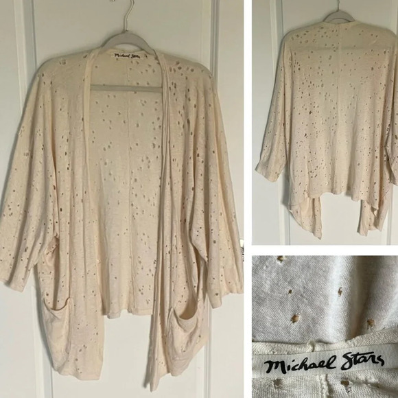 Michael Stars Cream Hemp Cotton Distressed Holes Cardigan Sweater 29529 - Picture 1 of 16